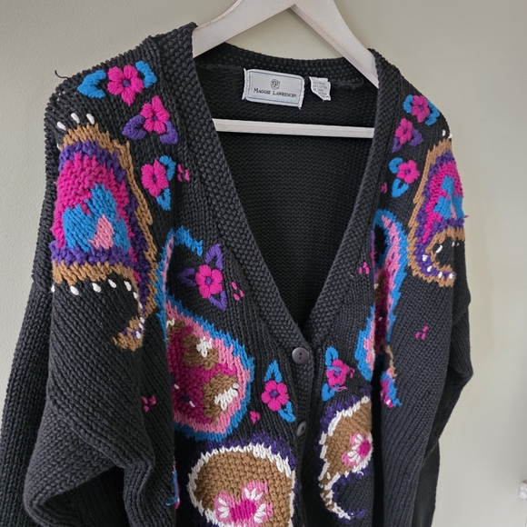 Maggie Lawrence L 90s Cottagecore Eclectic Boho Paisley Intarsia Knit Cardigan - Picture 5 of 15
